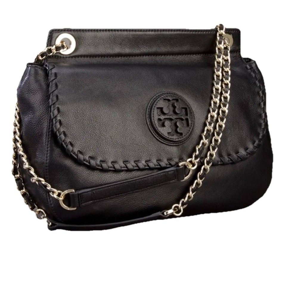 Tory Burch Marion Black Pebbled Leather 2-Way Whipstich Chain Strap Shoulder Bag